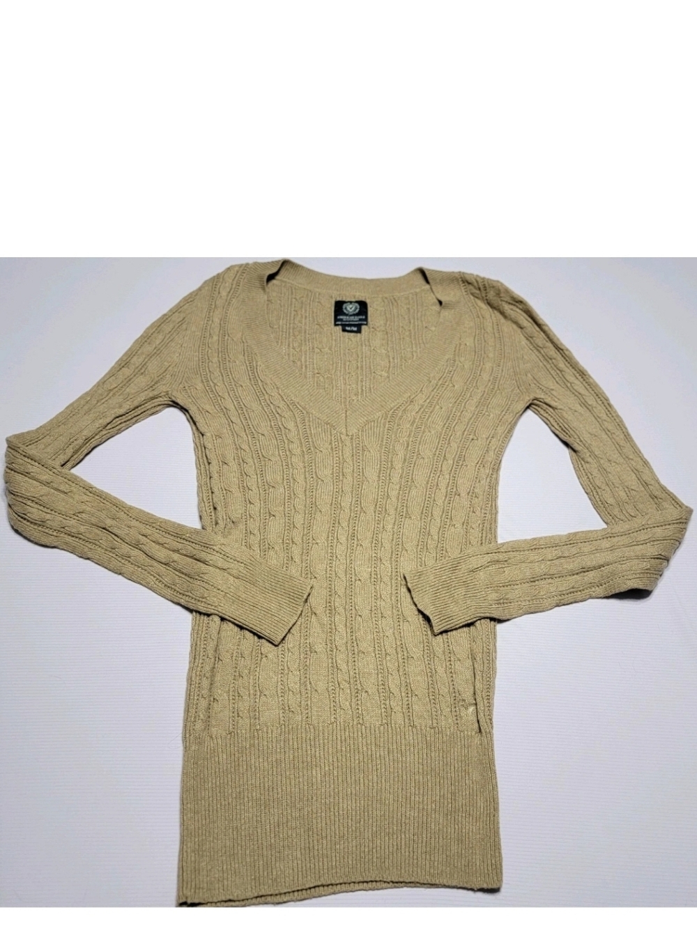 American Eagles Outfitters Y2K V Neck Sweater Long Cable Knit Taupe Womans Sz M